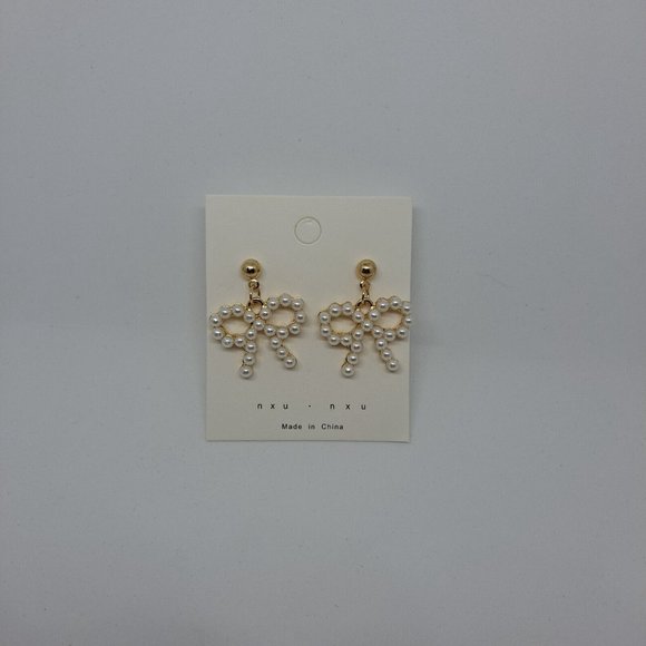 Pearl Bow Earrings Gold Tone Dangle Drop - Picture 5 of 7
